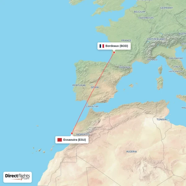 Bordeaux - Essaouira direct flight map