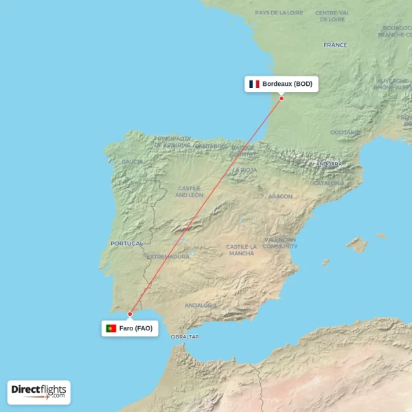 Bordeaux - Faro direct flight map
