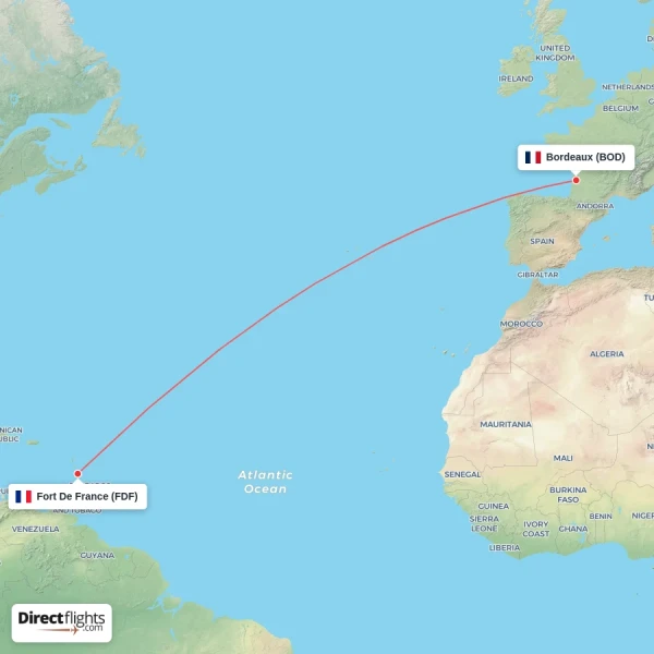 Bordeaux - Fort De France direct flight map