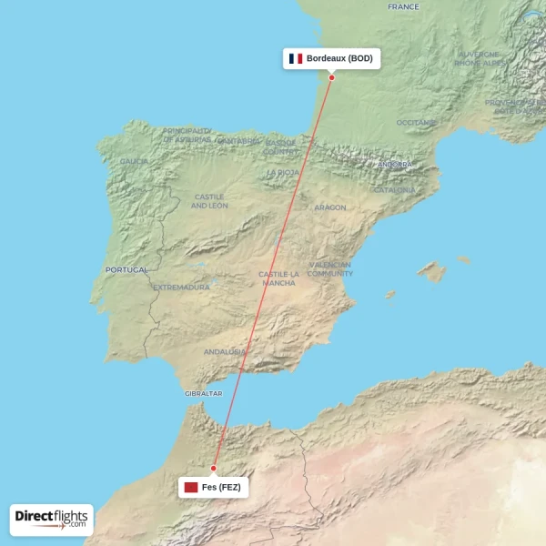 Bordeaux - Fes direct flight map
