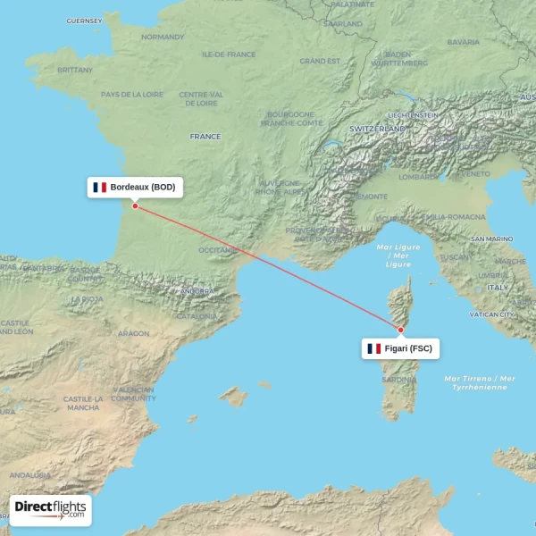 Bordeaux - Figari direct flight map