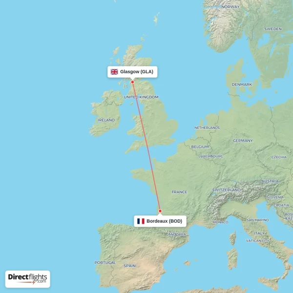 Bordeaux - Glasgow direct flight map