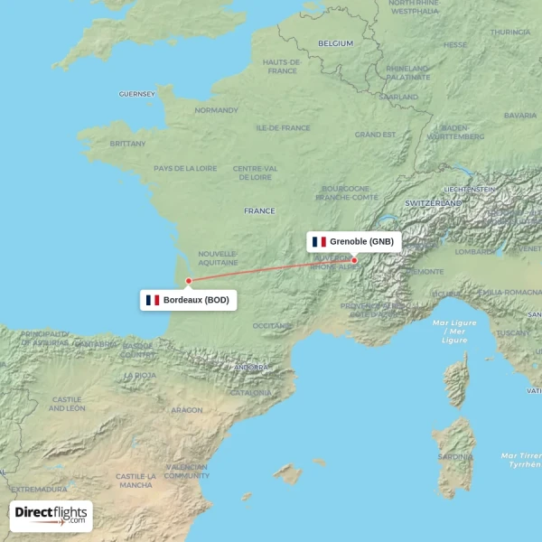Bordeaux - Grenoble direct flight map