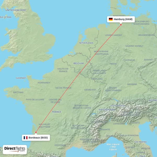 Bordeaux - Hamburg direct flight map