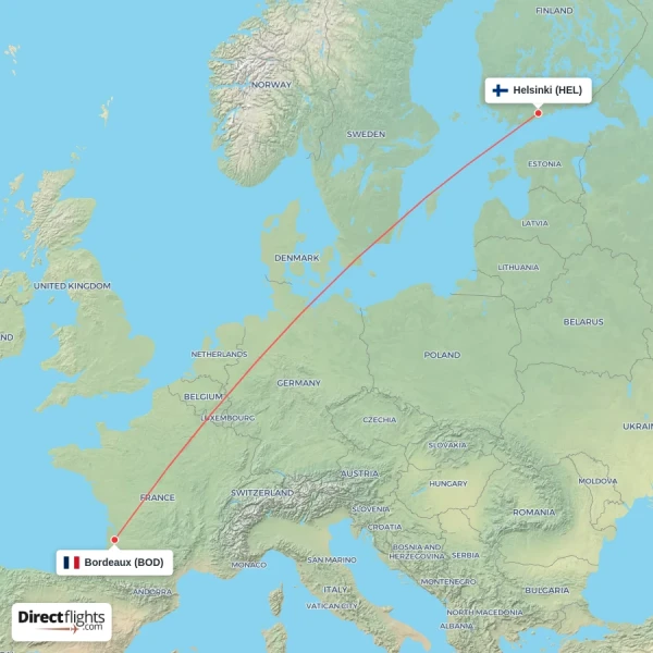 Bordeaux - Helsinki direct flight map