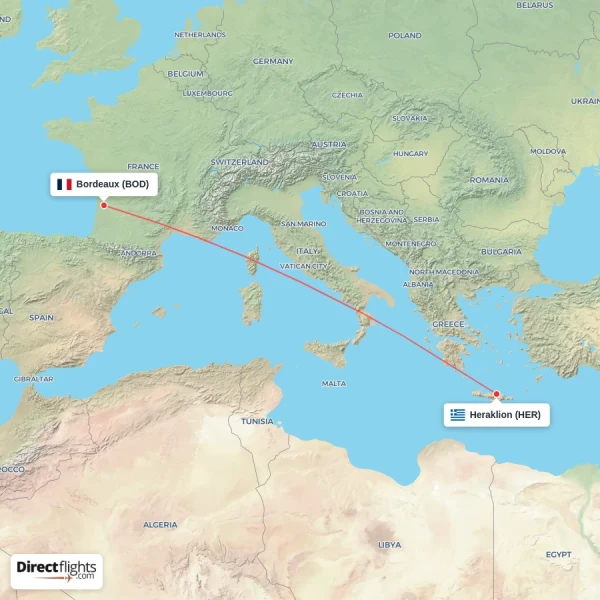 Bordeaux - Heraklion direct flight map