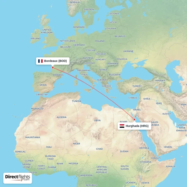 Bordeaux - Hurghada direct flight map