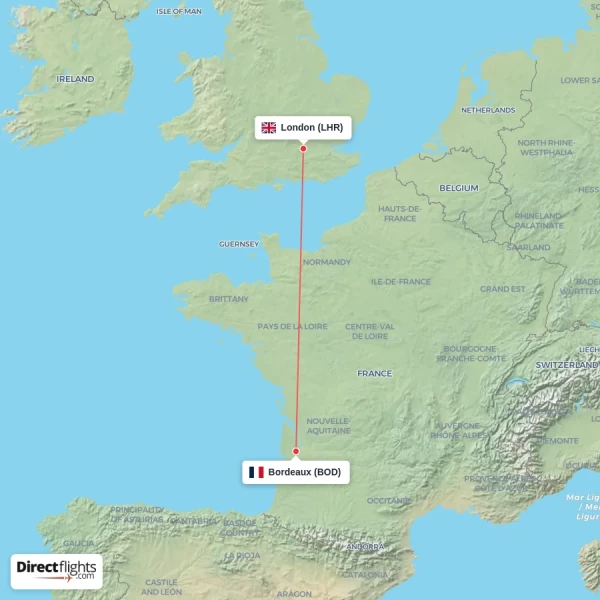 Bordeaux - London direct flight map