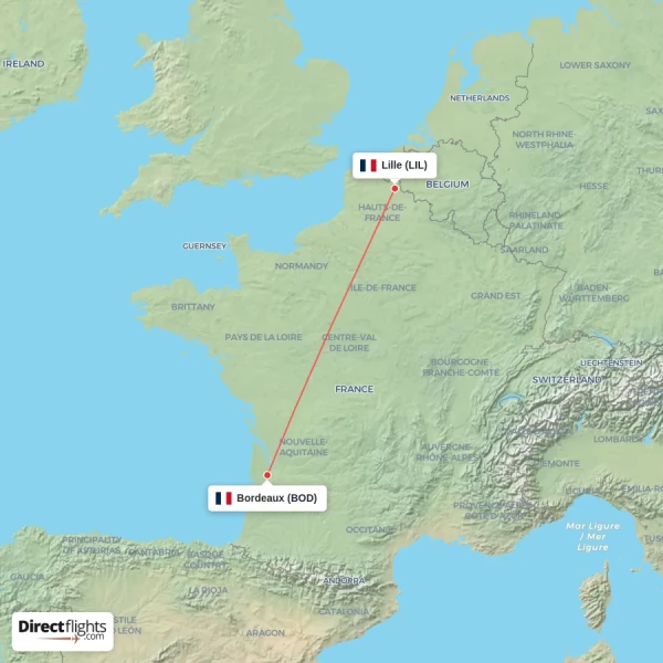 Bordeaux - Lille direct flight map