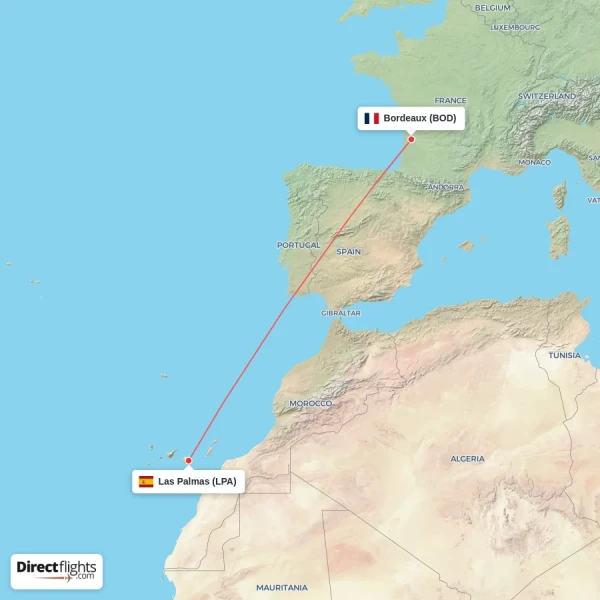 Bordeaux - Las Palmas direct flight map