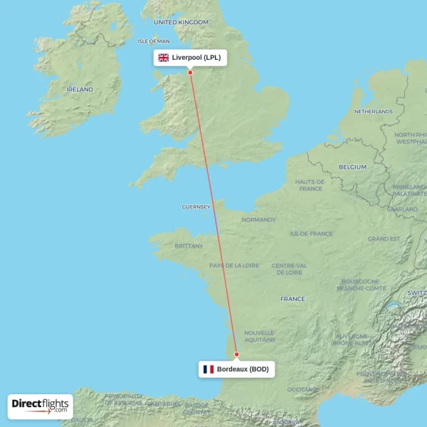 Bordeaux - Liverpool direct flight map