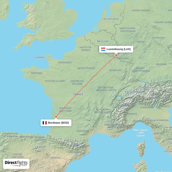 Bordeaux - Luxembourg direct flight map
