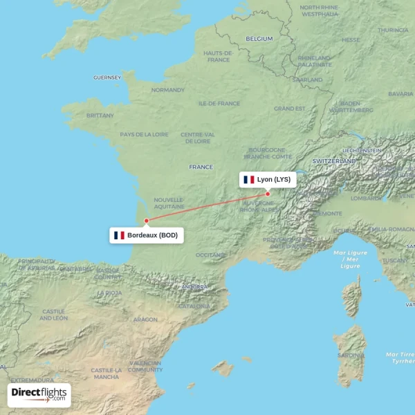 Bordeaux - Lyon direct flight map
