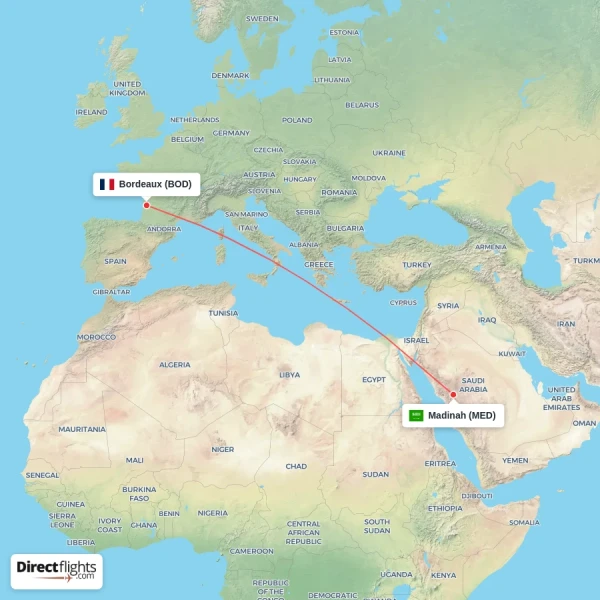 Bordeaux - Madinah direct flight map