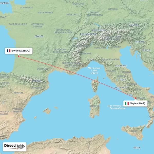 Bordeaux - Naples direct flight map