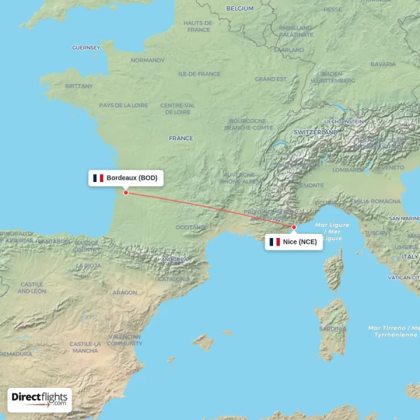 Bordeaux - Nice direct flight map