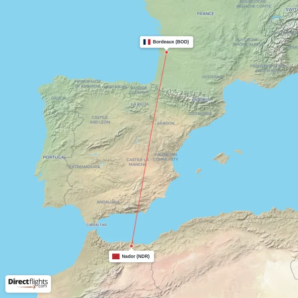 Bordeaux - Nador direct flight map