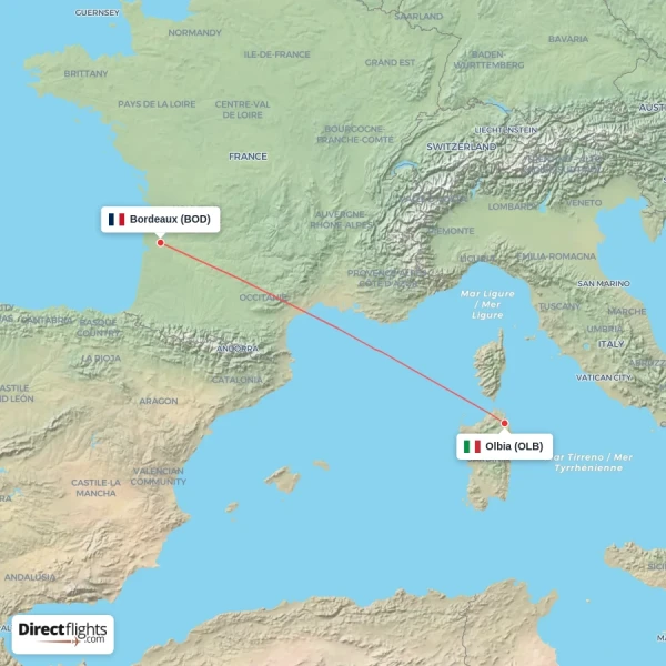 Bordeaux - Olbia direct flight map