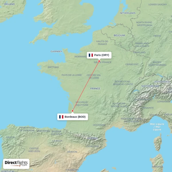 Bordeaux - Paris direct flight map