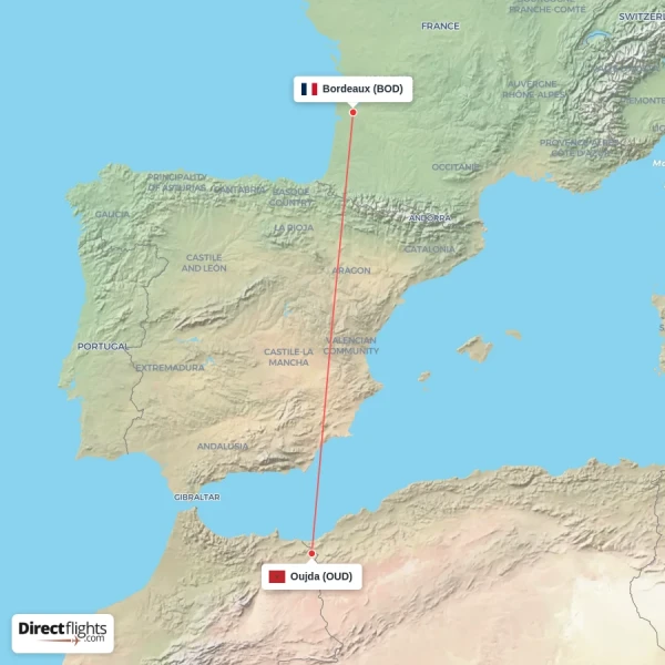 Bordeaux - Oujda direct flight map