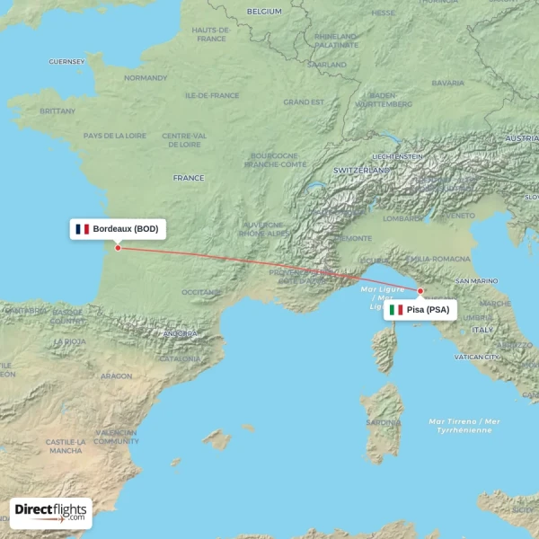 Bordeaux - Pisa direct flight map