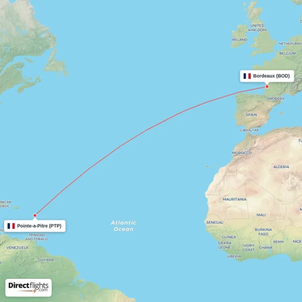 Bordeaux - Pointe-a-Pitre direct flight map