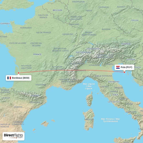 Bordeaux - Pula direct flight map