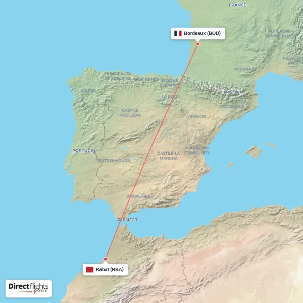 Bordeaux - Rabat direct flight map