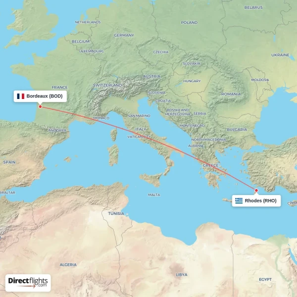 Bordeaux - Rhodes direct flight map