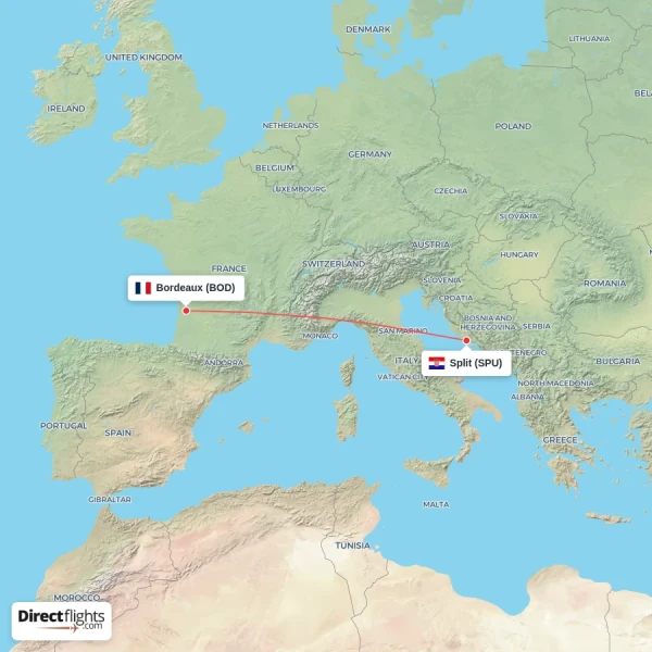 Bordeaux - Split direct flight map