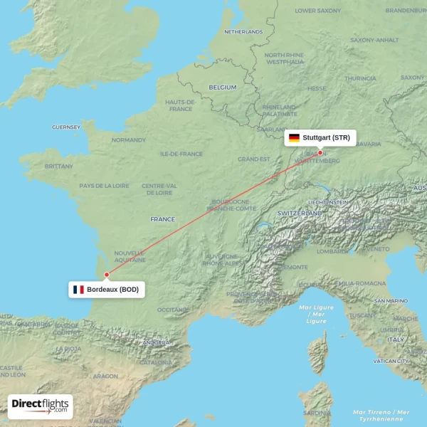 Bordeaux - Stuttgart direct flight map