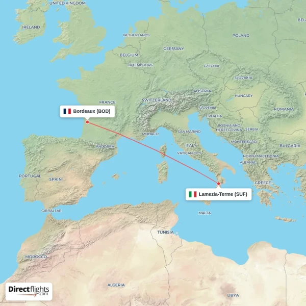 Bordeaux - Lamezia-Terme direct flight map