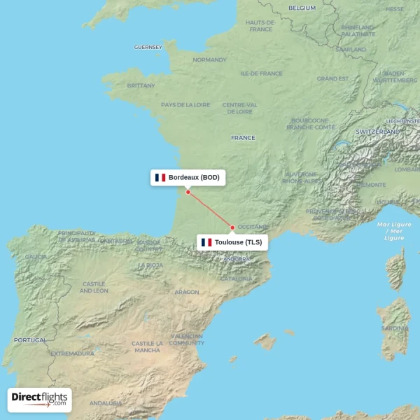 Bordeaux - Toulouse direct flight map