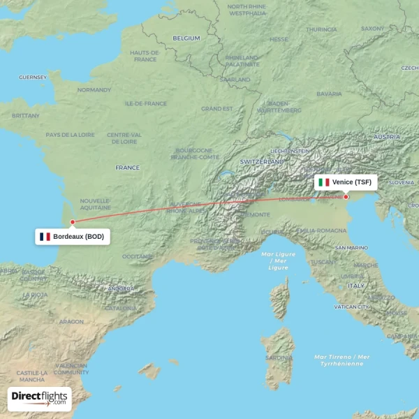 Bordeaux - Venice direct flight map