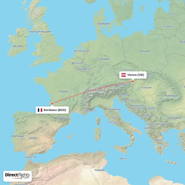 Bordeaux - Vienna direct flight map