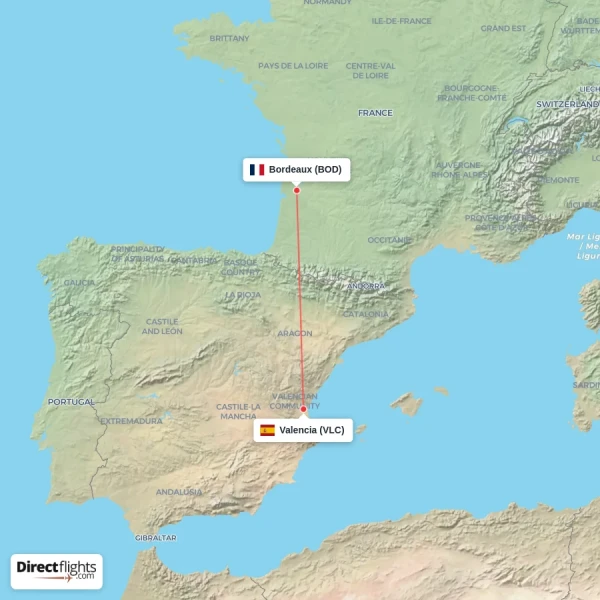 Bordeaux - Valencia direct flight map