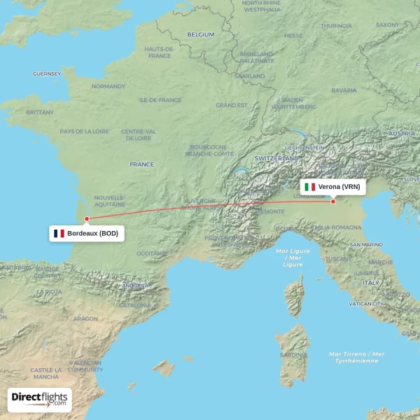 Bordeaux - Verona direct flight map