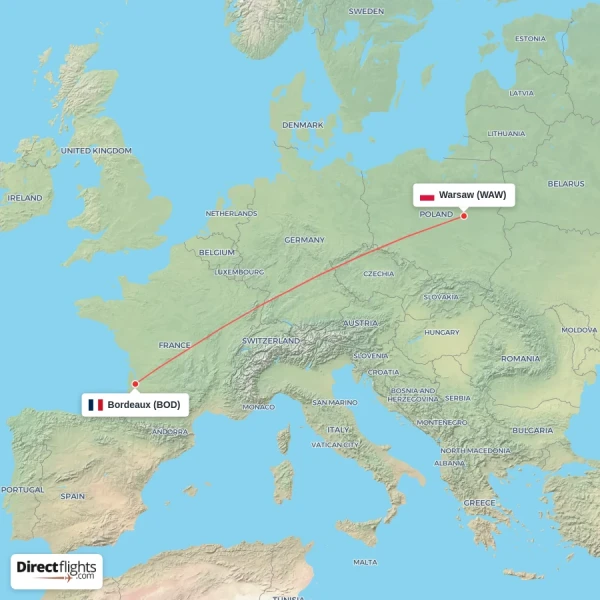 Bordeaux - Warsaw direct flight map