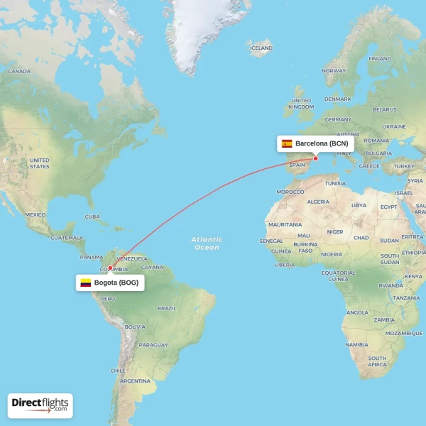 Bogota - Barcelona direct flight map