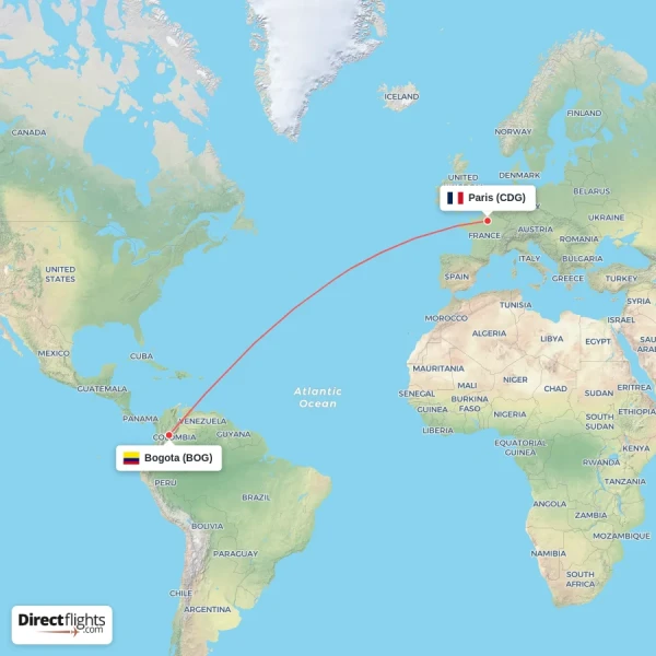 Bogota - Paris direct flight map