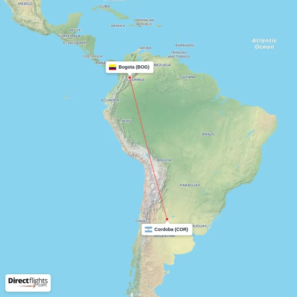 Bogota - Cordoba direct flight map