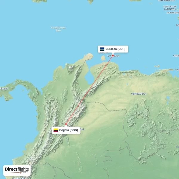Bogota - Curacao direct flight map
