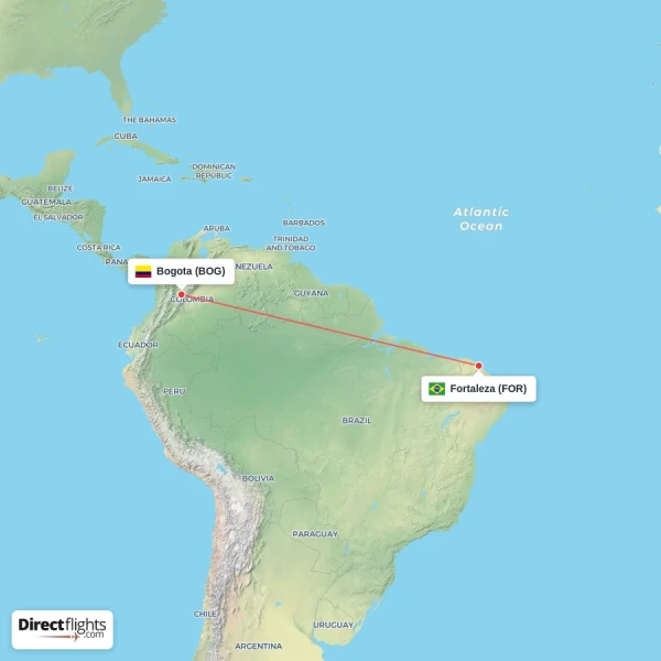 Bogota - Fortaleza direct flight map