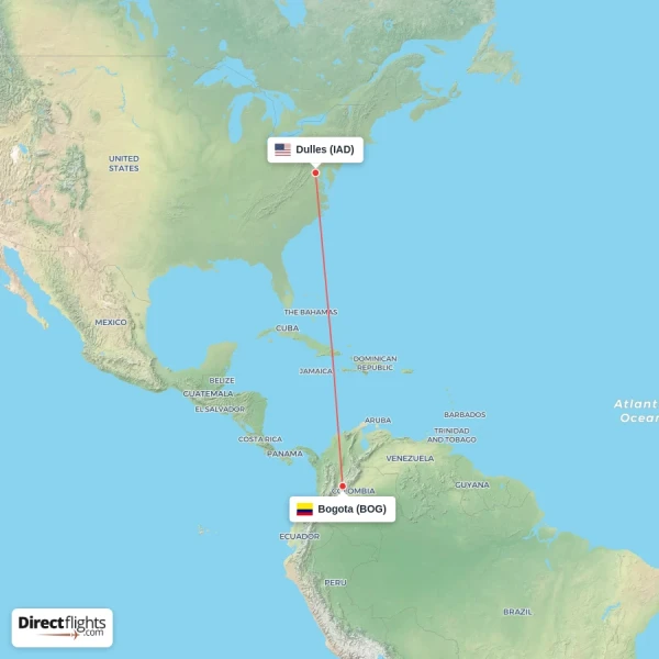 Bogota - Dulles direct flight map