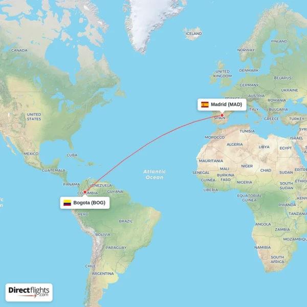 Bogota - Madrid direct flight map