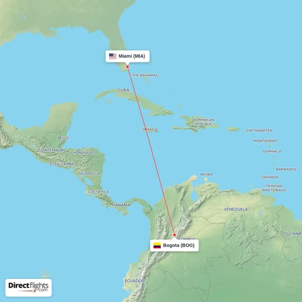 Bogota - Miami direct flight map