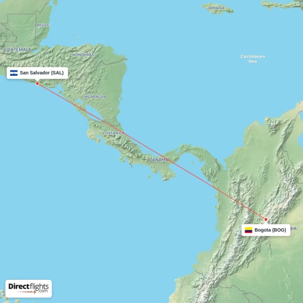 Bogota - San Salvador direct flight map