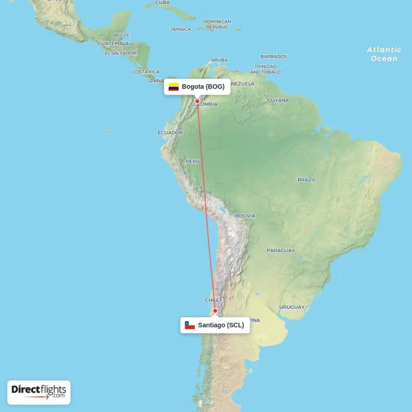 Bogota - Santiago direct flight map