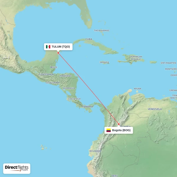 Bogota - TULUM direct flight map
