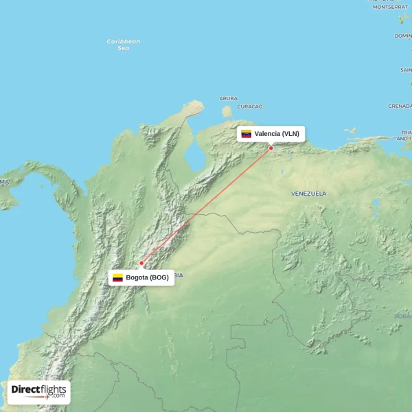 Bogota - Valencia direct flight map